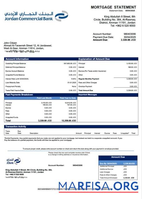 Realistic Jordan Commercial Bank mortgage statement Word and PDF template
